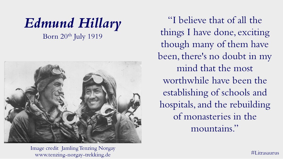 LitraQuest's tweet photo. #BoTD

Sir Edmund Hillary - mountaineer, apiarist and diplomat

With Sherpa Tenzing Norgay achieved the first ascent of Mount Everest

Went on to serve as New Zealand’s high commissioner to India, Nepal and Bangladesh

#Inspiration #Empathy 

https://t.co/OVLiYMj13u

#LITRASAURUS https://t.co/iVqoar12Wf
