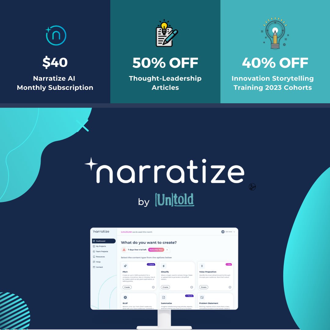 untoldcontent's tweet image. We are celebrating the launch year of our sister company @NarratizeAI with 50% off articles and 40% off innovation storytelling training. AND, try out Narratize for $40 per month, per user.

#untoldcontent #innovationstorytelling #generativeai #aiwriting #narratize