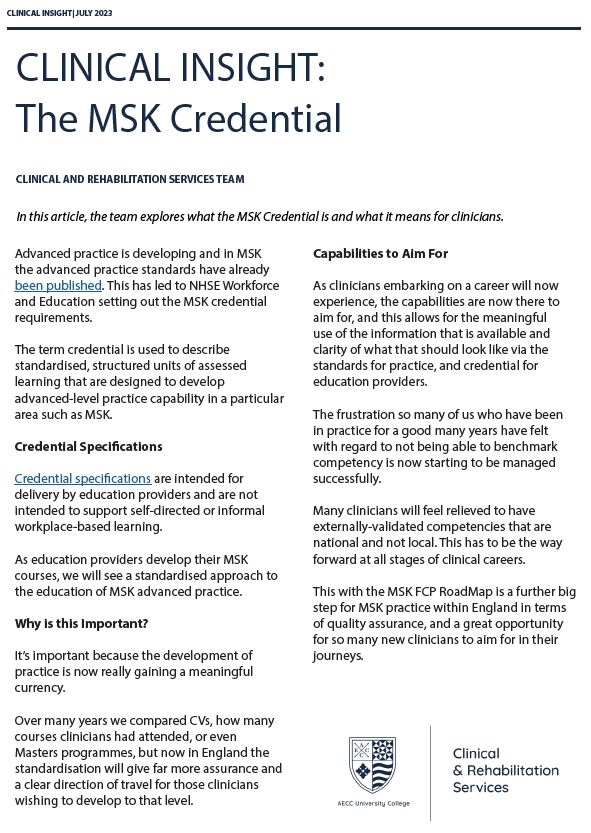 #ClinicalInsight - what is the #MSKCredential? Following publication of MSK #advancedpractice standards, @NHSE_WTE has set out credential requirements. Our 🧵outlines why we think this is such a positive step: bit.ly/46OURkW 🧵1/6 @LaurafinucaneB @AmandaHensman