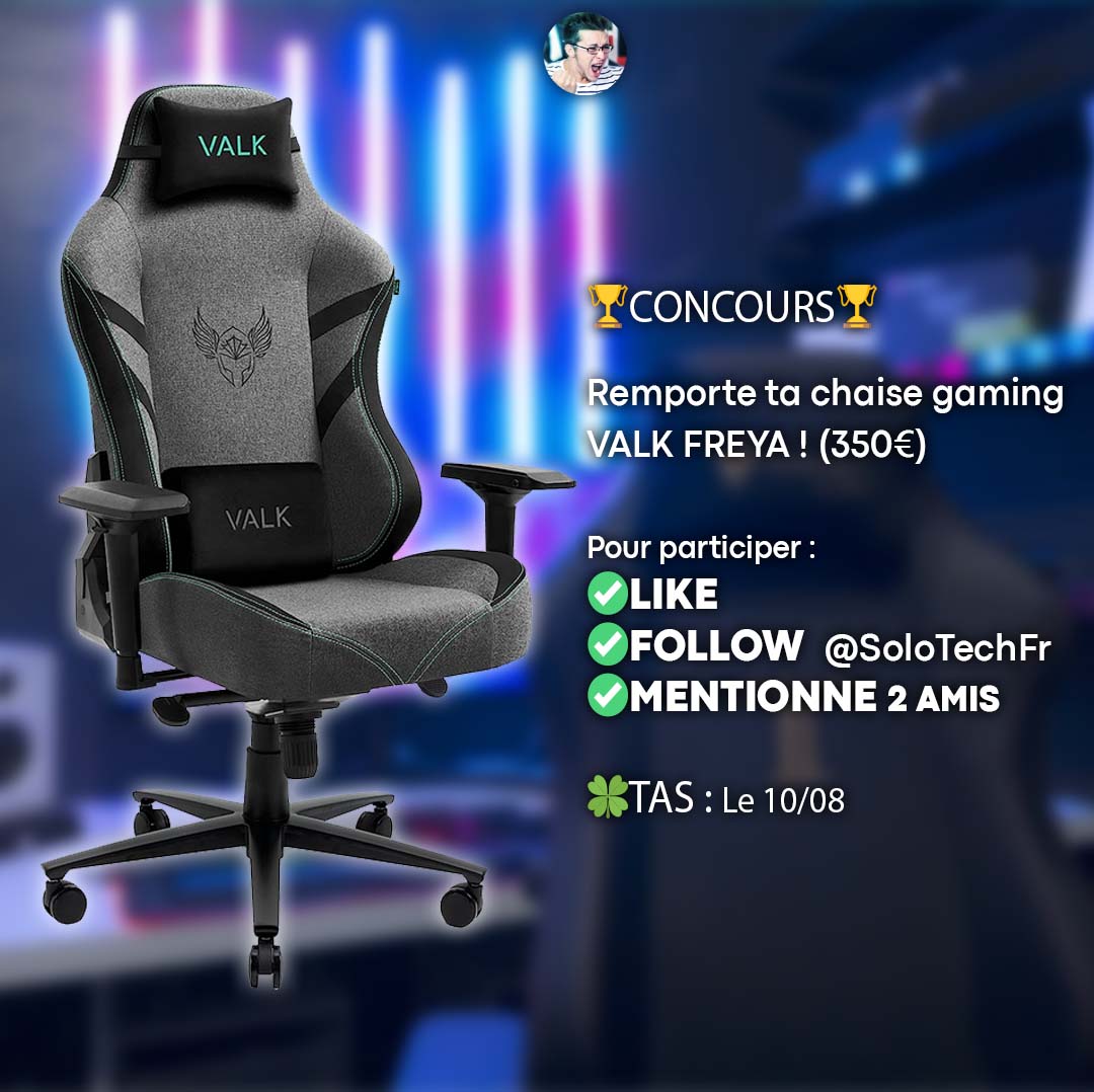 🏆CONCOURS🏆

Remporte ta chaise gaming VALK FREYA ! (350€)

La vidéo : youtu.be/b_v2QayLTEQ

Pour participer :
✅LIKE 
✅FOLLOW  <a href="/SoloTechFr/">SoloTech</a>
✅MENTIONNE 2 AMIS
 
🍀TAS : Le 10/08