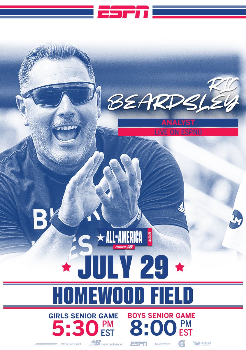 Pumped to have some fun with next weeks ESPNU coverage of the NB All-American Senior games!!

Girls 👉 5:30p
Boys 👉 8pm
📍Live from Homewood Field! <a href="/HopkinsLacrosse/">Hopkins Women’s Lacrosse</a> <a href="/jhumenslacrosse/">Johns Hopkins Men's Lacrosse</a> 

<a href="/BookerCorrigan/">Booker Corrigan 🌎</a> <a href="/unclerickybeast/">Ric Beardsley ⭐️⭐️⭐️⭐️⭐️</a> <a href="/JanineRTucker/">Janine Tucker</a> <a href="/LoganEdmondson1/">Logan Edmondson</a> 
<a href="/Inside_Lacrosse/">Inside Lacrosse</a> <a href="/newbalance/">New Balance</a>