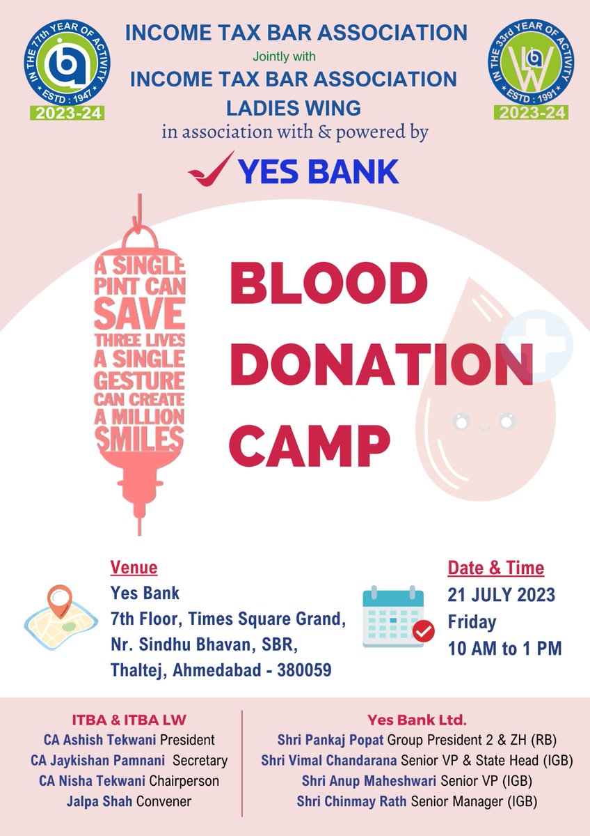 #Gujrat #Ahmedabad #Blooddonationcamp 🩸 Date- 21 July 2023 Time - 11am to 1 pm ✅Venue- Yes Bank, 7th Floor Time Square Grand,Sindhu Bhawan #Thaltej #Ahmedabad @BloodAid @BloodNBSIndia @BloodDonorWorld @RaktdanIndia @thesks24 @ParulAggarwal04 @rishi7_roy @heyitsshl