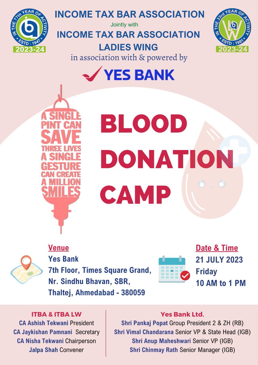 Help Uttarakhand Group (@bharat24588032) on Twitter photo #Gujrat
#Ahmedabad
#Blooddonationcamp 🩸
Date- 21 July 2023
Time - 11am to 1 pm
✅Venue- Yes Bank, 7th Floor Time Square Grand,Sindhu Bhawan #Thaltej #Ahmedabad
<a href="/BloodAid/">BloodAid</a>
<a href="/BloodNBSIndia/">National Blood Service</a>
<a href="/BloodDonorWorld/">Blood Donor O+</a>
<a href="/RaktdanIndia/">24×7 Blood Helpline Team</a>
<a href="/thesks24/">SKS (Malak of Bharat )</a>
<a href="/ParulAggarwal04/">Parul Aggarwal</a>
<a href="/rishi7_roy/">Rishi Roy</a>
@heyitsshl #Gujrat
#Ahmedabad
#Blooddonationcamp 🩸
Date- 21 July 2023
Time - 11am to 1 pm
✅Venue- Yes Bank, 7th Floor Time Square Grand,Sindhu Bhawan #Thaltej #Ahmedabad
<a href="/BloodAid/">BloodAid</a>
<a href="/BloodNBSIndia/">National Blood Service</a>
<a href="/BloodDonorWorld/">Blood Donor O+</a>
<a href="/RaktdanIndia/">24×7 Blood Helpline Team</a>
<a href="/thesks24/">SKS (Malak of Bharat )</a>
<a href="/ParulAggarwal04/">Parul Aggarwal</a>
<a href="/rishi7_roy/">Rishi Roy</a>
@heyitsshl