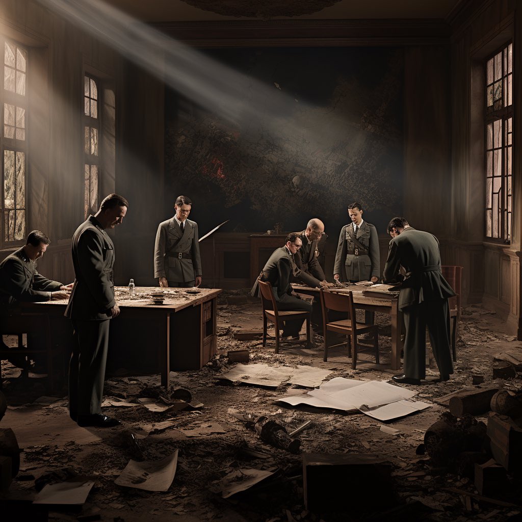 Midjourney: A photorealistic image of the July 20, 1944, failed assassination plot against Hitler. Show the tense moment at the Wolf's Lair, with Claus von Stauffenberg planting the briefcase bomb during a conference. Capture the conspirators' emotions, the dimly lit room, and the high-stakes atmosphere.