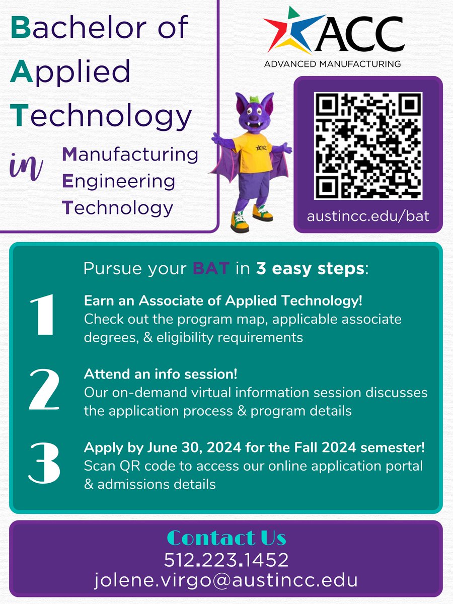 ACCadvancedmfg's tweet image. 🎓 Pursue your Bachelor of Applied Technology in Manufacturing Engineering Technology today with these 3 easy steps!

Contact us at 512.223.1452 or jolene.virgo@austincc.edu for more information!

#ACCManufacturing #AdvancedManufacturing #BachelorOfTechnology #AdvanceYourCareer