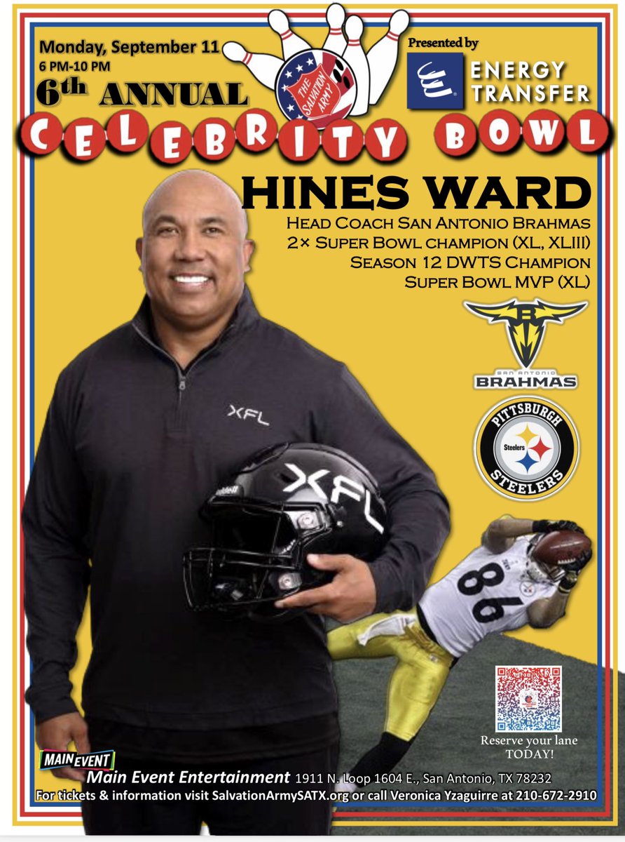 Welcome @XFLBrahmas Head Coach @mvp86hinesward to #CelebrityBowl Sept. 11.  Ward won 2 Super Bowls w/ #PittsburghSteelers, MVP of #SuperBowl XL,  won Season 12 of #DancingWithTheStars Celebrity Bowl once again presented by @EnergyTransfer SalvationArmySATX.org or 210-672-2910.