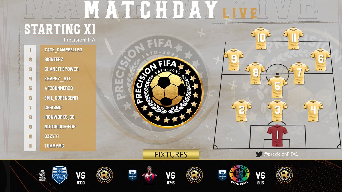 Precision FIFA (@precisionfifa1) on Twitter photo ⚽️ Match Day 3 ⚽️
Competing in English Premier and Premier A.
<a href="/QPReSports/">QPR eSports</a>
<a href="/AJAX14FA/">AJAX Football Academy</a>
<a href="/fcspefootball/">FC St. Pauli eFootball</a> ⚽️ Match Day 3 ⚽️
Competing in English Premier and Premier A.
<a href="/QPReSports/">QPR eSports</a>
<a href="/AJAX14FA/">AJAX Football Academy</a>
<a href="/fcspefootball/">FC St. Pauli eFootball</a>