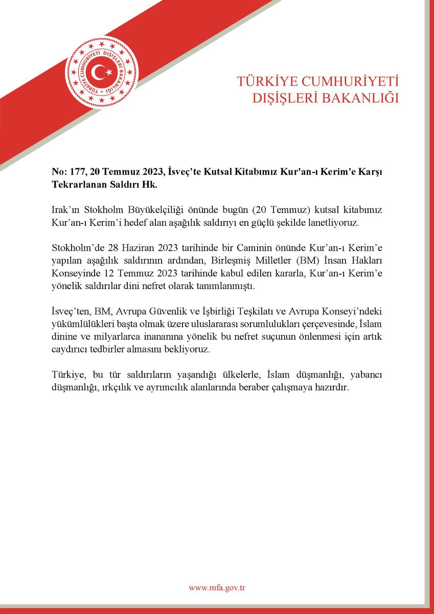 İsveç’te Kutsal Kitabımız Kur'an-ı Kerim'e Karşı Tekrarlanan Saldırı Hk. mfa.gov.tr/no_-177_-isvec…