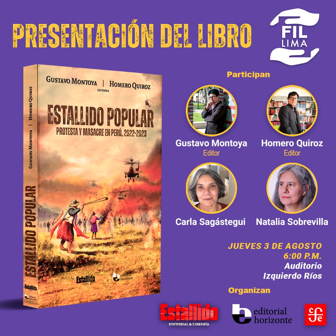 EstallidoLibros's tweet photo. El 3 de agosto a las 6: 00 p. m. tienes una cita en la Feria Internacional del libro de Lima para la presentación de "Estallido popular". 
¡Te esperamos!
@FILLima2023

#Estallidodelibros  #feria #EstallidoPopular #ExperienciaFIL #FILLIMA2023 #FilLima #fillima #ViveLaFIL https://t.co/4w3VPXqrSW