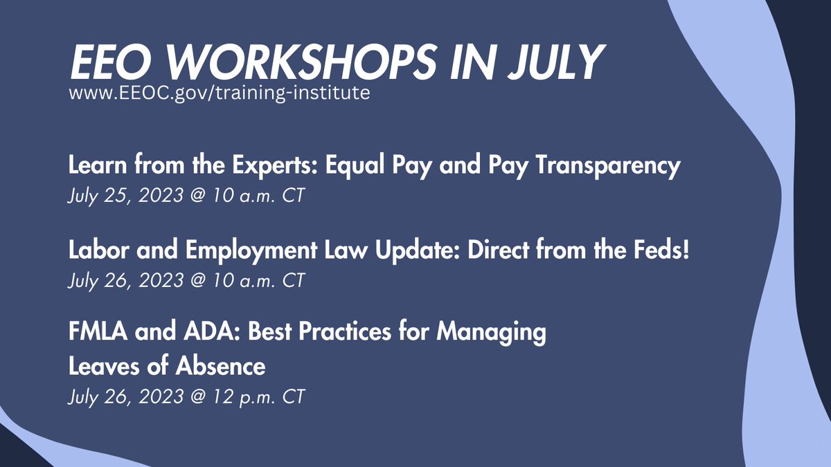 USEEOC's tweet photo. There’s still time to join some of the EEOC Training Institute workshops this month! Find out more about each of these trainings and the requirements they might fill for you here: https://t.co/qk2cp9Uxok

#EEO #Training https://t.co/rGg4bxDXKW