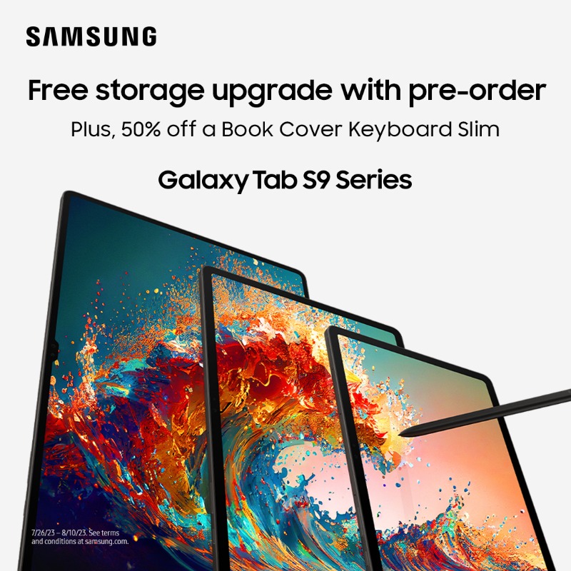 SamsungMobileUS's tweet photo. Big screens. Big experiences. Inspire and unleash greatness with the powerful new Galaxy Tab S9 Series.

Pre-order now for a free storage upgrade and 50% off a Book Cover Keyboard Slim.