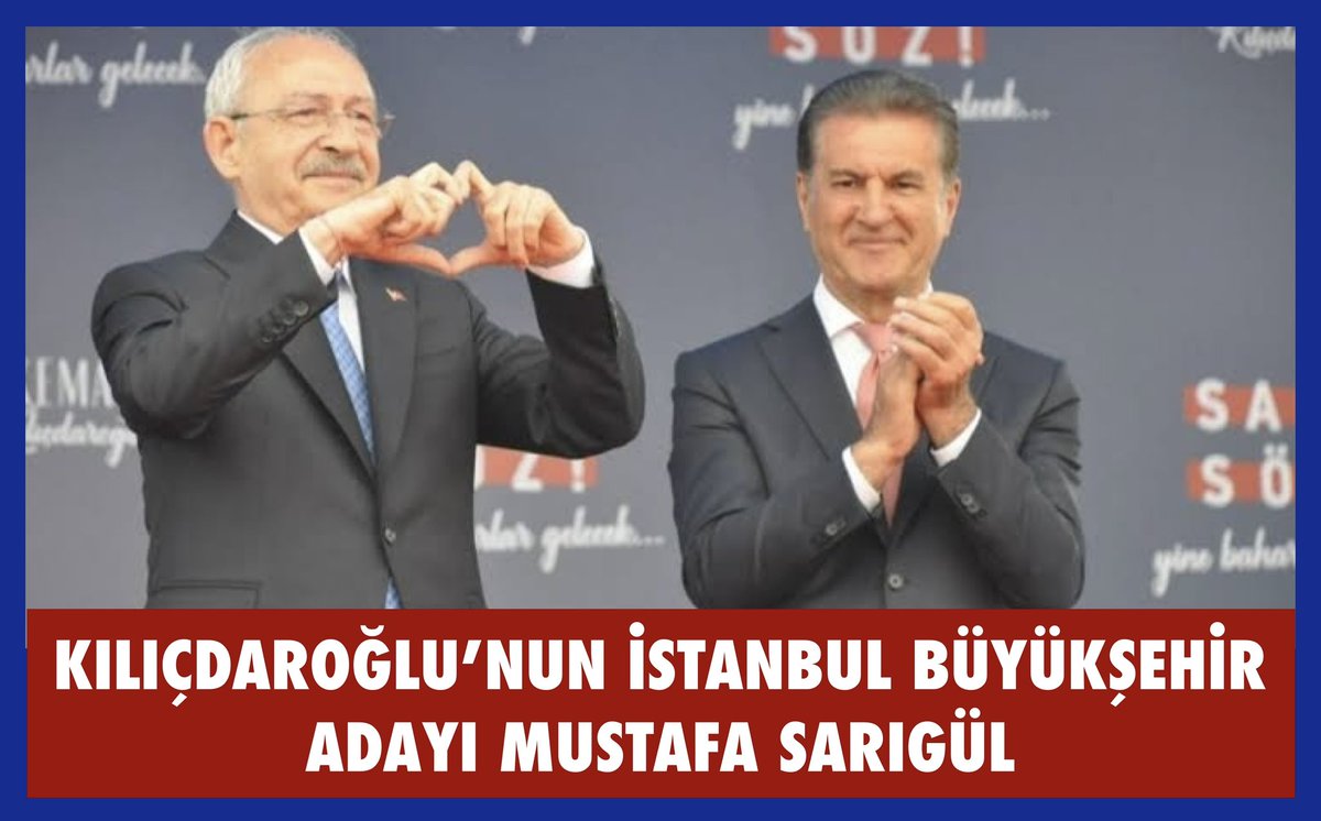 GEÇMİŞ OLSUN EKREM…

NE DEMİŞTİM…
KILIÇDAROĞLU’NUN İSTANBUL BELEDİYE BAŞKAN ADAYI 
MUSTAFA SARIGÜL…

BUGÜN HABER MEDYAYA DÜŞTÜ…
CHP Kulislerinde İstanbul seçimi için Ekrem İmamoğlu’nun alternatifi olarak Mustafa Sarıgül görülüyor…