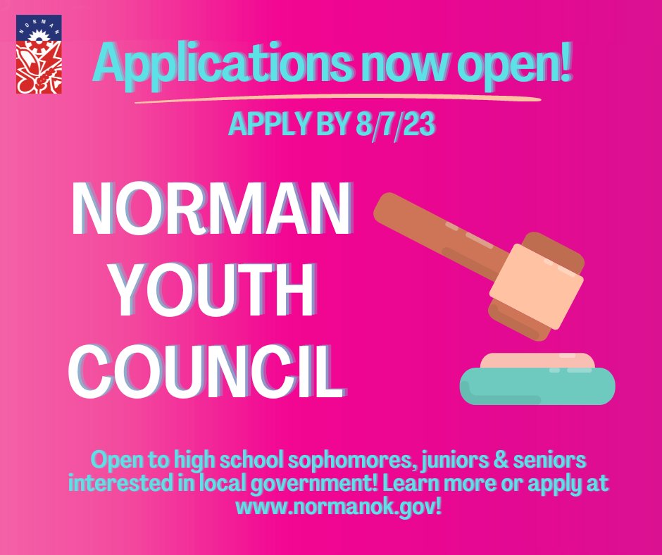 cityofnormanok's tweet photo. The City of Norman is seeking high school sophomores, juniors &amp; seniors who are interested in learning about local government for the 2023-2024 Norman Youth Council Class: https://t.co/duEdMVOZ8O

#CoN #NormanOk #BuildingAnInclusiveCommunity #LocalGov #CommunityCollaborations https://t.co/iBdpBrK1xu