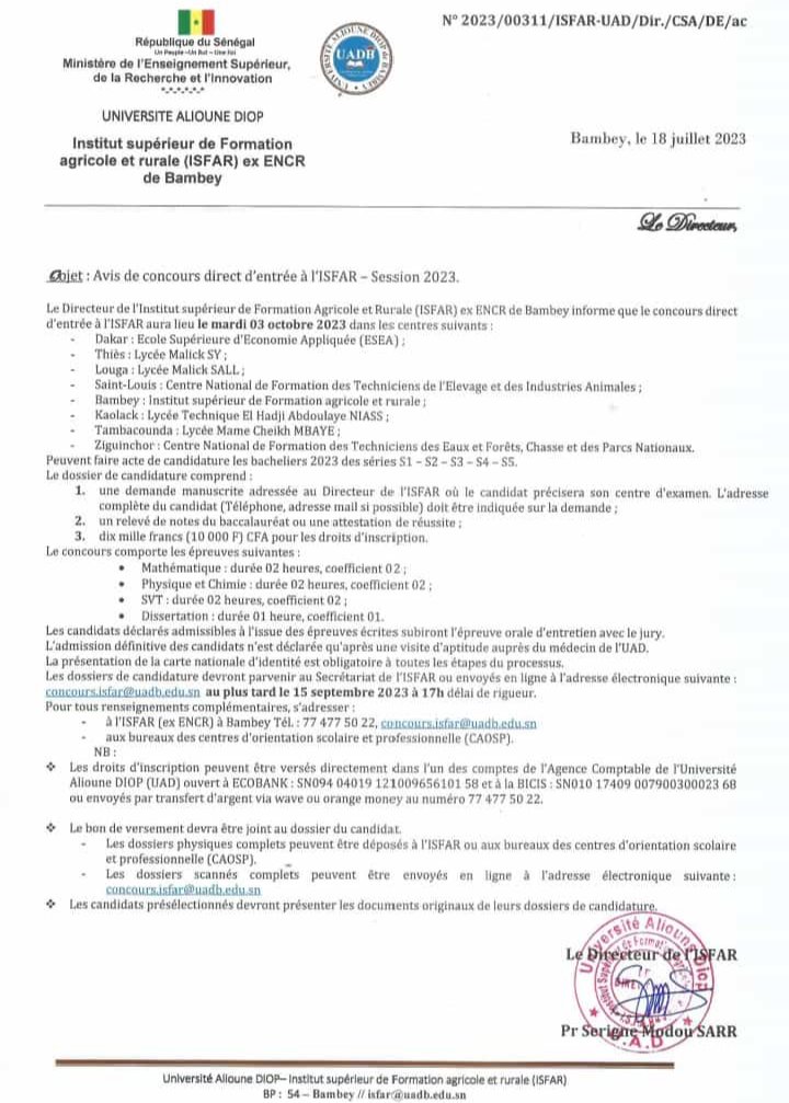 BiiSenegal's tweet photo. #Important #Concours #ISFAR - Concours direct d'entrée 2023 à l'ISFAR ex-ENCR de #Bambey./ Communiqué. #BiiS #Senegal #Kebetu https://t.co/l8TpfsjdoX