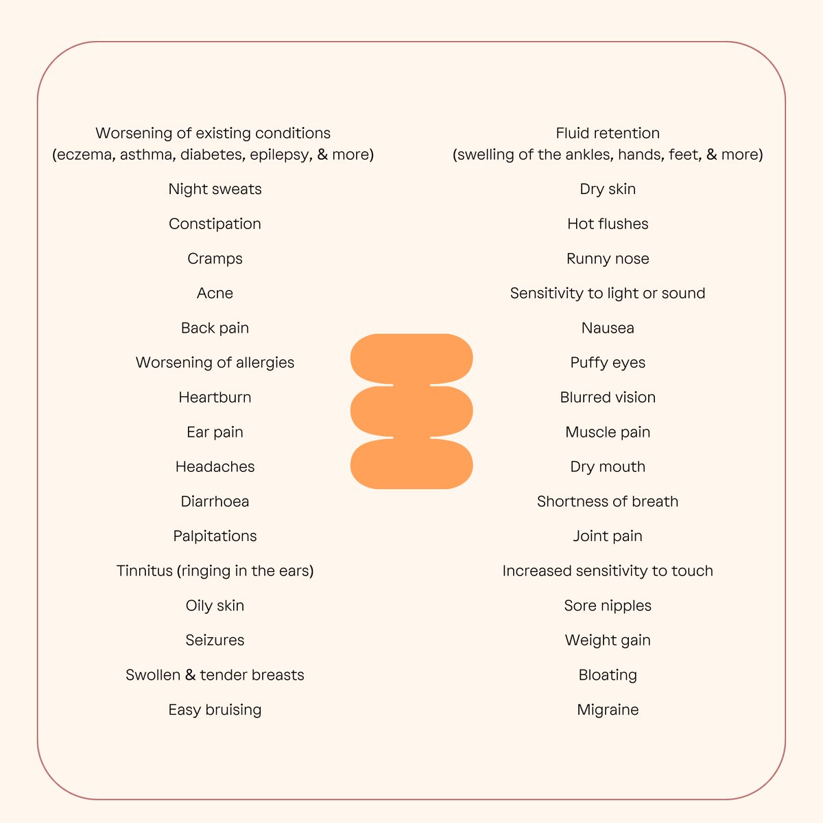 weareevelyn's tweet image. What are the physical symptoms of PMS and PMDD? Swipe to see a handful - do any look familiar? #EvelynHealth #lutealphase #premenstrual #premenstrualdysphoricdisorder #PMSproblems