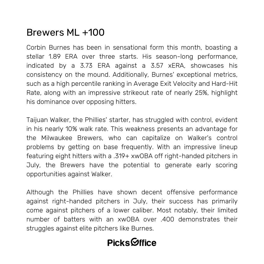 Picks Office on Twitter "MLB Brewers Phillies Brewers ML +100 / 1