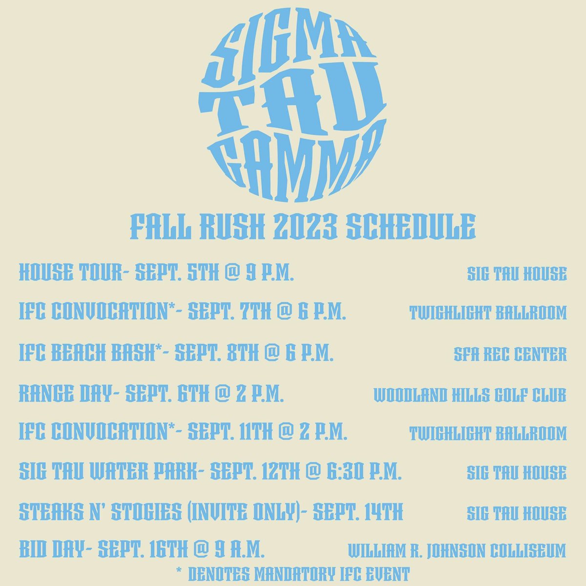 SigTauSFASU's tweet photo. Fall rush is right around the corner and the rush events schedule is set!! We’re excited to meet everyone and can’t wait to see what this semester holds😈 Come join the best… #ΣΤΓ #SFA #sigtau https://t.co/DNnlHlOwfA