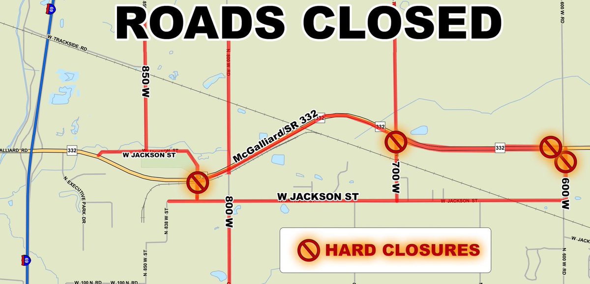 DelawareIndiana's tweet image. Avoid the area of SR 332 west of County Road 600 W to I-69. All access to SR332 is now closed for all traffic. Use alternate routes. This is being done to protect our county roads, and the railroad from significant damage from truck and high vehicle traffic