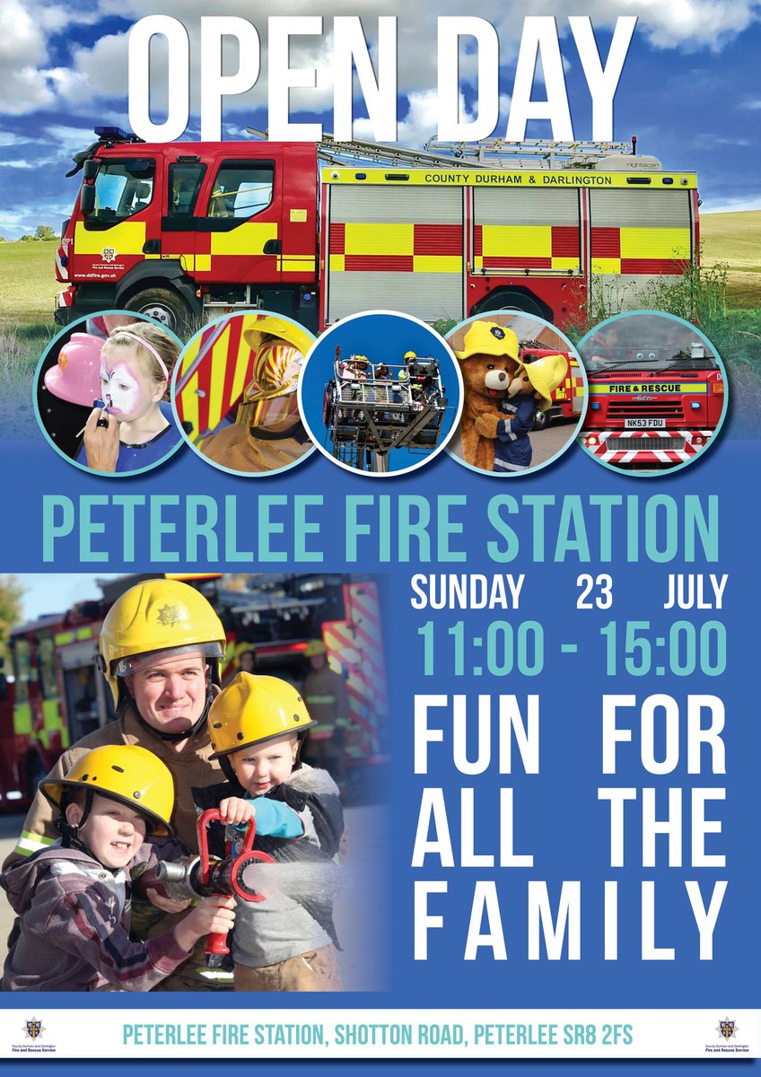 CDDFRS's tweet photo. On Sunday our crews at Peterlee Fire Station are having an open day! 🚒 Meet the crew, see our fire engines, watch multiple demonstrations and much more! 😃Note🚗Car parking at the station is limited however parking is available at caterpillar factory opposite the fire station 👍 https://t.co/argG9zHM8d