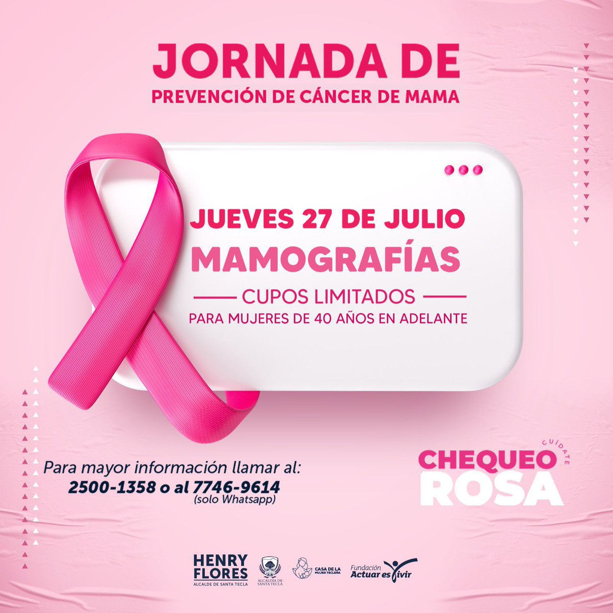 Mujer tecleña, te invitamos a nuestra próxima jornada de prevención de cáncer de mama con mamografías a bajo costo. 🙏🏻

🗓️ Jueves 27 de julio.
* Para mujeres de 40 años en adelante. 
* Cupos limitados.

Más información al WhatsApp  7746-9614 o al 2500-1358.