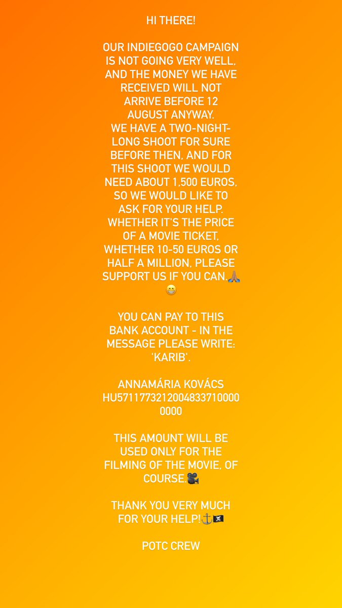 POTC_SOTL's tweet photo. Hi there! 

You can pay to this bank account - in the message please write: 'karib'.

Annamária Kovács
HU57117732120048337100000000

This amount will be used only for the filming of the movie, of course.🎥

Thank you very much for your help!⚓️🏴‍☠️

POTC CREW https://t.co/6qQ3QtnW6U