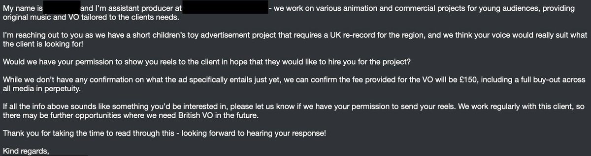 ChasRoweVO's tweet photo. @marcushutton @mattwarman Mr. Warman, you also may wish to consult this email sent to a voice-over colleague today. To offer a £150 flat fee for the use of a recording in all media forever is obscene; this doesn't even cover a single monthly payment for the average Band D property's council tax. https://t.co/gcjM1f7huM