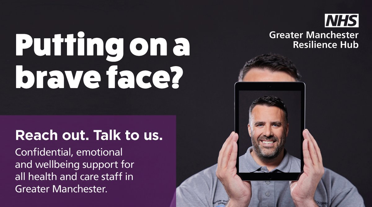 Do you work in health and care services across Greater Manchester? 

Please don’t put on a #BraveFace if you’re struggling, talking to someone can help process what you’re going through. The #GMResilienceHub are here for you. 

Learn more: bit.ly/44yg9Se