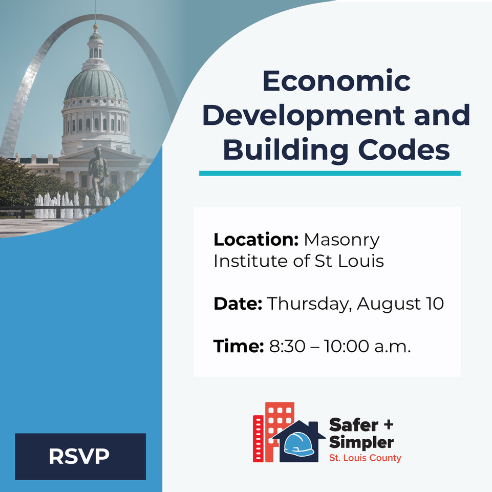 Please join our friends at @SaferSimplerSTL for “Economic Development and Building Codes,” an engaging discussion w/ policy experts on how building codes impact development. Presented on Aug. 10, 8:30 - 10 am. This event is free to attend. Register today!

bit.ly/3Q6aJcX