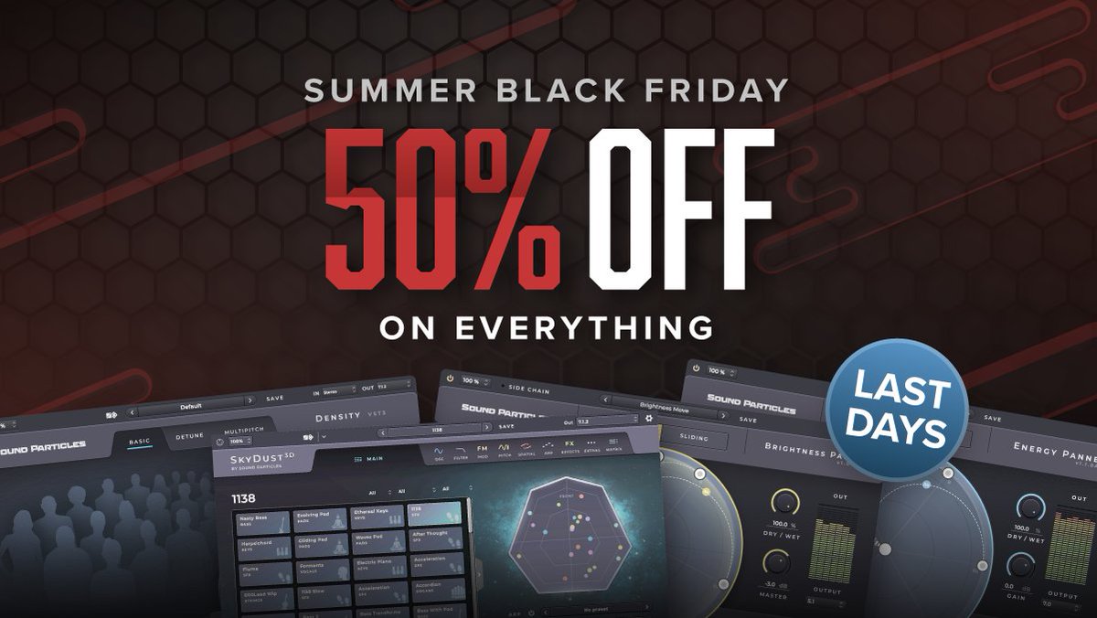 soundparticles's tweet image. 🚨 Last days to get 𝟱𝟬% 𝗱𝗶𝘀𝗰𝗼𝘂𝗻𝘁 with our Summer 𝗕𝗹𝗮𝗰𝗸 𝗙𝗿𝗶𝗱𝗮𝘆. Don&apos;t say we didn&apos;t warn you!

👉 bit.ly/3JPaBdY

#blackfriday #audiosoftware #musicproduction #musicproducer #beatmaker #vst #mixing #mastering #proaudio #soundparticles #sale