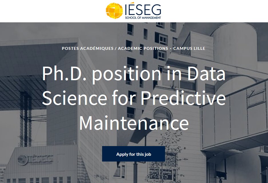 📢[JOB OFFER] <a href="/Lem_UMR9221/">Lille Economie Management - LEM</a> (#CNRS) &amp; <a href="/IESEG/">IÉSEG</a> in collaboration with @cinionic invite applications for a fully funded #PhDposition in Data Science for Predictive Maintenance at its #Lille Campus.  More info&gt; recruitment.ieseg.fr/jobs/3006058-p… #IESEGresearch #DataScience
