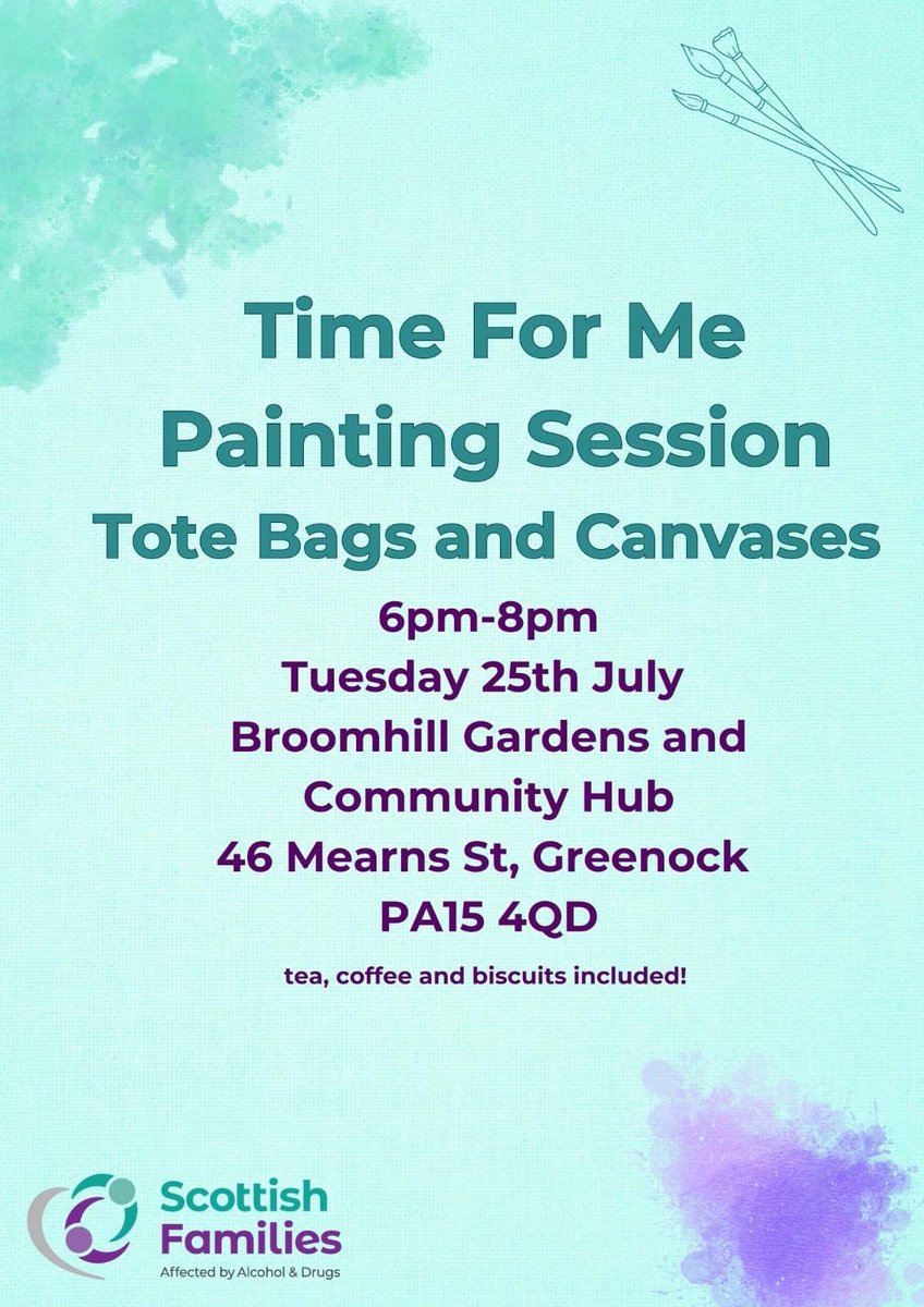 Scottish Families in Inverclyde (@sfadinverclyde) on Twitter photo As our July Time For Me Activity we've organised a painting session at Broomhill Gardens and Community Hub.
If you're interested in coming along, please drop Eve an email at eve@sfad.org.uk or give us a call on 0141 488 2267. As our July Time For Me Activity we've organised a painting session at Broomhill Gardens and Community Hub.
If you're interested in coming along, please drop Eve an email at eve@sfad.org.uk or give us a call on 0141 488 2267.