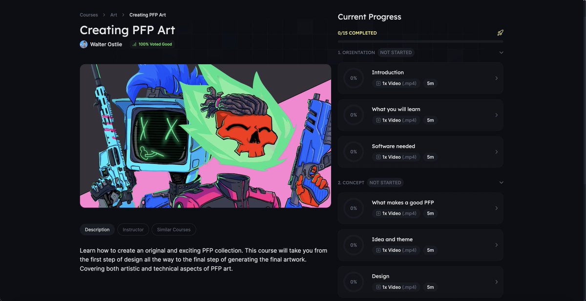 Learn how to create an original and exciting PFP collection. This course will take you from the first step of design all the way to the final step of generating the final artwork. Covering both artistic and technical aspects of PFP art 👩‍🎨 

Exclusive to Worked by <a href="/WalterOstlie/">Walter Ostlie</a>