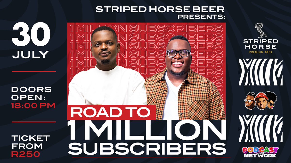 As’Desheni 💥

We finally found the perfect sponsor for our #Roadto1Million Event 🔥

We are happy to welcome <a href="/StripedHorseZA/">Striped Horse Premium Beer</a> to the Podcast and Chill Team. The unfiltered premium beer that gives ‘No Bull’ attitude. 
#NoBullJustBeer 

#PodcastAndChill #NoBullJustBeer