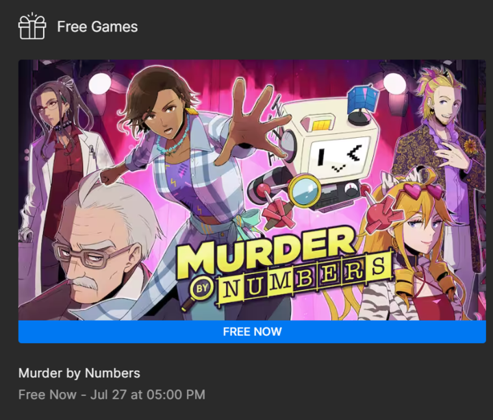 Murder by Numbers is now COMPLETELY FREE on the Epic Games Store until 27/07! Please tell all your friends and shout it from the rooftops - we'd love as many people as possible to play our weird little camp love-letter to 90s detective shows, Picross, and Phoenix Wright 🤖🔍🕵️‍♀️