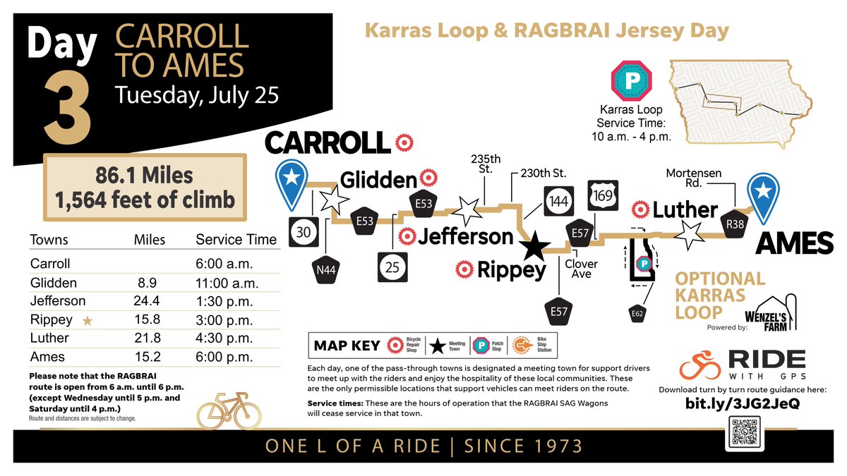 RAGBRAI_IOWA's tweet photo. Here is your RAGBRAI L Day 3 map - we will ride from @CarrollRagbrai to @DiscoverAmesIA! https://t.co/KKuDgflk1t