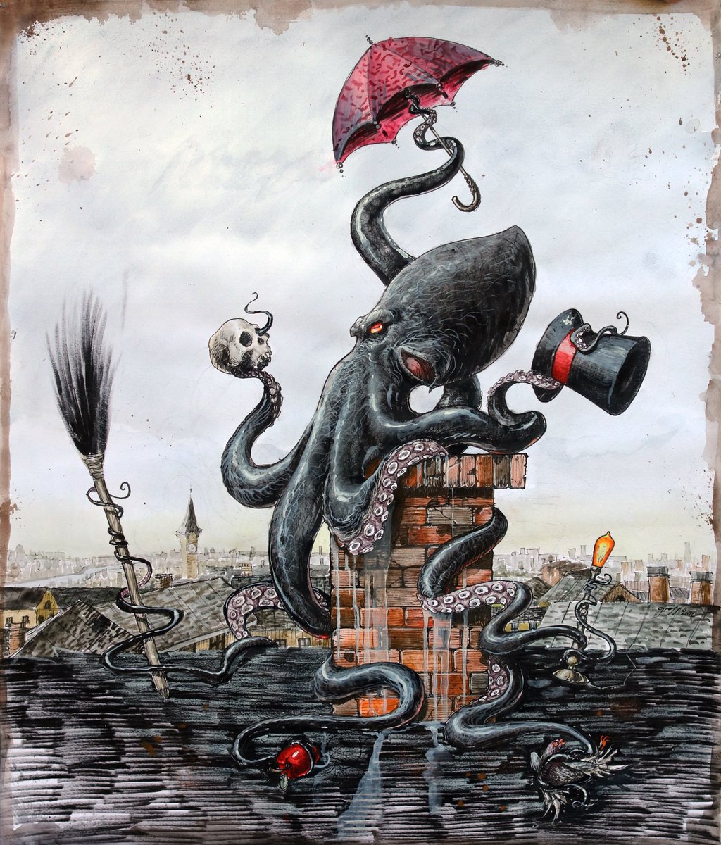 “The Naturalist II” -watercolor on paper- the second painting in my Naturalist series. This is my son’s favorite wolf mine. When we were in Scotland in May I showed him the view out of our friends kitchen window where the rooftops that inspired this piece stood. There’s nothing