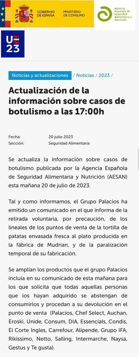 🆕️ Se ha actualizado la información sobre los casos de botulismo:
▶️ Se ha añadido la información actualizada por el grupo Palacios Alimentación 
▶️ Se ha incluido un enlace al nuevo informe epidemiológico publicado por el CCAES
📌 shorturl.at/dABVY