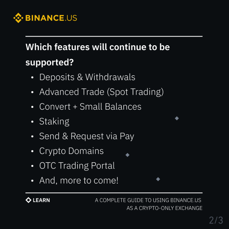 BinanceUS's tweet photo. As #BinanceUS transitions to a crypto-only exchange for now, you’ll still have access to 150+ #cryptocurrencies.

Deposit, withdraw, convert, trade, stake &amp; more, on the best crypto exchange for low fees.

Learn how to have the best possible #crypto experience on our platform. 👇