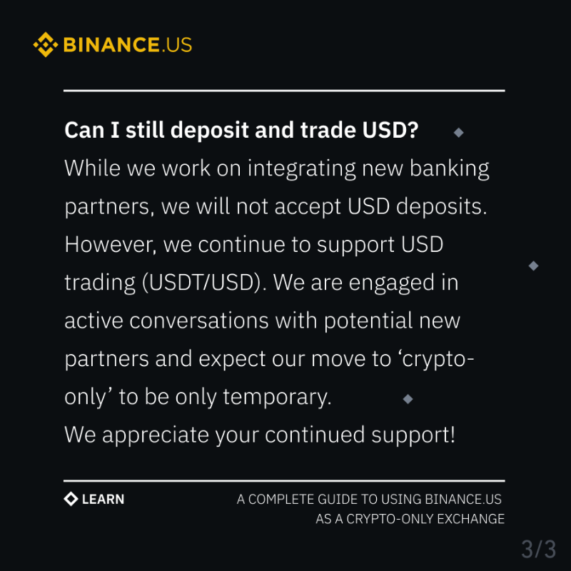 BinanceUS's tweet photo. As #BinanceUS transitions to a crypto-only exchange for now, you’ll still have access to 150+ #cryptocurrencies.

Deposit, withdraw, convert, trade, stake &amp; more, on the best crypto exchange for low fees.

Learn how to have the best possible #crypto experience on our platform. 👇