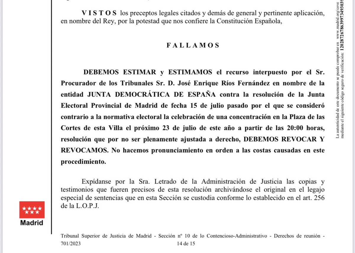 gisbert_ruben's tweet photo. ¡¡¡VICTORIA!!! El TSJ nos da la razón ante la arbitrariedad y mala fe de la admiración del Estado prohibiendo nuestro acto. 
El 23 NOS VEMOS a las 21:30 en la PLAZA DE LAS CORTES en MADRID.
 ¡POR LA LIBERTAD y la DEMOCRACIA! https://t.co/EHUotOCcE0