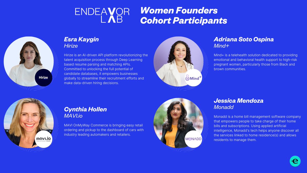 EndeavorMIA's tweet photo. Get to know our EndeavorLAB Women Founders cohort powered by @VentureMiami!
#Ciya @EasyChampInc @feminadeinc #Fivvy @Hirize_Hr @mavi_io #Mind+ @monaddapp @monaddapp #MyCabinet #TENNTS https://t.co/Bmi4rHXQgU