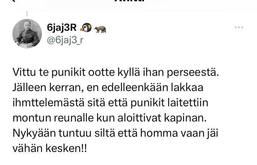 Tviitti nimimerkiltä @6jaj3r: ”Vittu te punikit ootte ihan perseestä. Jälleen kerran, en edelleenkään lakkaa ihmttelemästä sitä että punikit laitettiin montun reunalle kun aloittivat kapinan. Nykyään tuntuu siltä että homma vaan jäi vähän kesken!!”