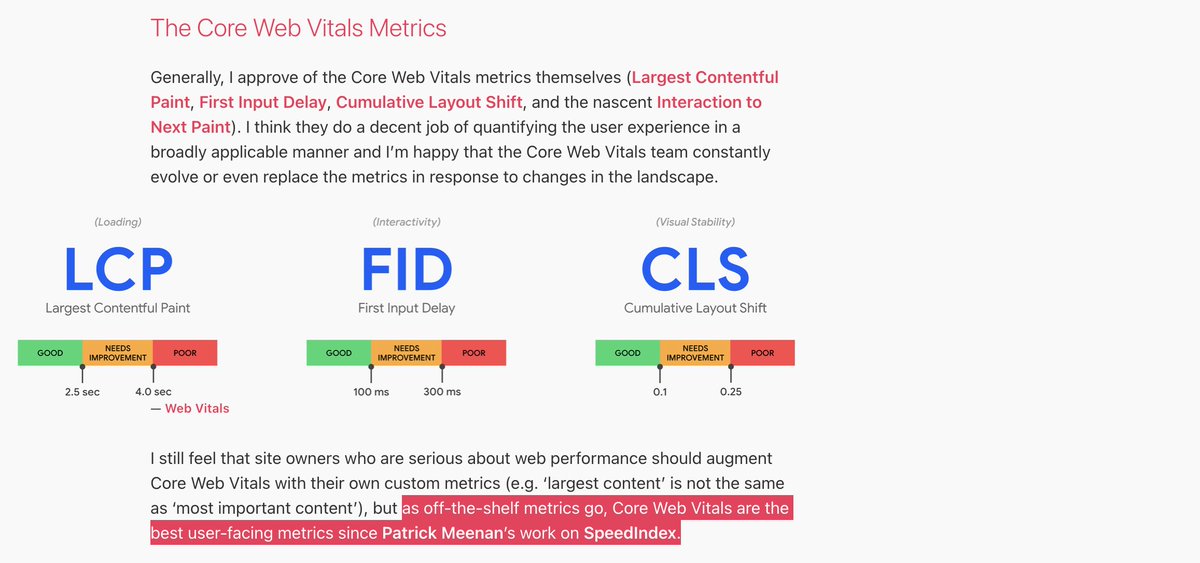 I’m writing an extensive piece on Core Web Vitals and I’m reminded of the elegance of SpeedIndex as a metric. On a recent project, it pointed at UX issues that Largest Contentful Paint simply couldn’t have detected. Thanks, <a href="/patmeenan/">Patrick Meenan</a> ❤️
