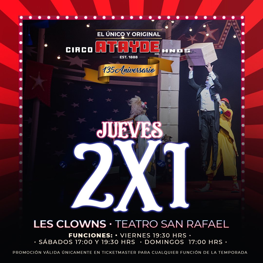 ElArtistaInv's tweet photo. ¡La mejor promoción de la semana esta aquí! Ven al circo Atayde Hermanos y vive la magia de un show espectacular al 2X1. Válido para todas las funciones de la temporada comprando los jueves en @Ticketmaster_Me
🎟Boletos 👉🏽 https://t.co/jdVlvoNDP7
#RT #Circo #Atayde #CDMX https://t.co/tm23pQ7Zvv