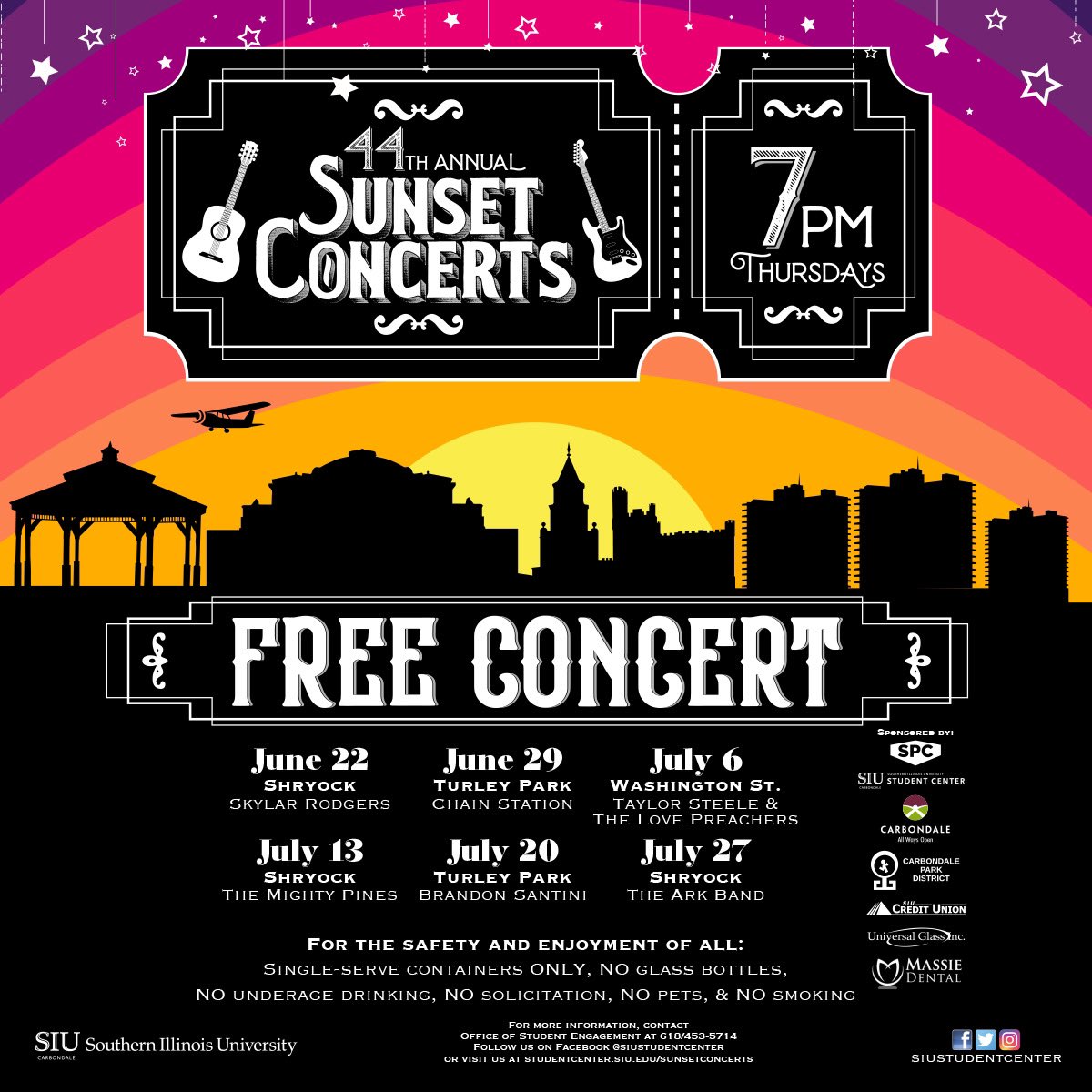 Student Programing Council (@spc_siuc) on Twitter photo 👉Today’s Sunset Concert is still on!
🎶 Brandon Santini
📍Turley Park
⏰ 7pm
☁️ It looks like we should have a good chance at a dry evening but if anything changes we will update via social media.
<a href="/SIUC/">SIU Carbondale</a> <a href="/CarbondaleIL/">City of Carbondale Government</a>
#sunsetconcert #carbondaleillinois #thisissiu 👉Today’s Sunset Concert is still on!
🎶 Brandon Santini
📍Turley Park
⏰ 7pm
☁️ It looks like we should have a good chance at a dry evening but if anything changes we will update via social media.
<a href="/SIUC/">SIU Carbondale</a> <a href="/CarbondaleIL/">City of Carbondale Government</a>
#sunsetconcert #carbondaleillinois #thisissiu