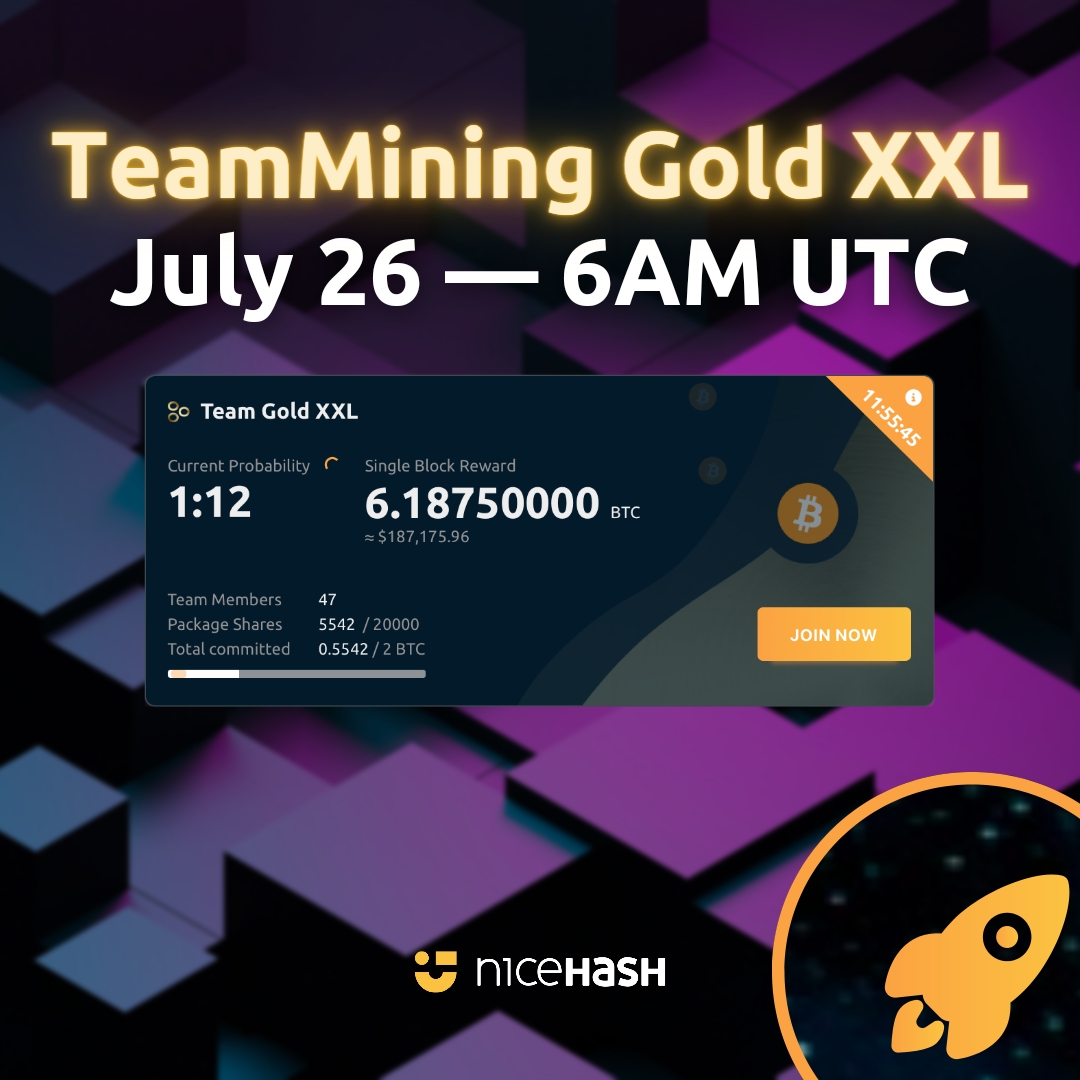 NiceHashMining's tweet photo. There is a new #TeamMining Gold XXL package on the horizon! The community loved the first one so much that we have decided to bring it back!
The lobby for the next package will open at 6AM UTC on July 26th, so get ready! https://t.co/x31y1dmp6n