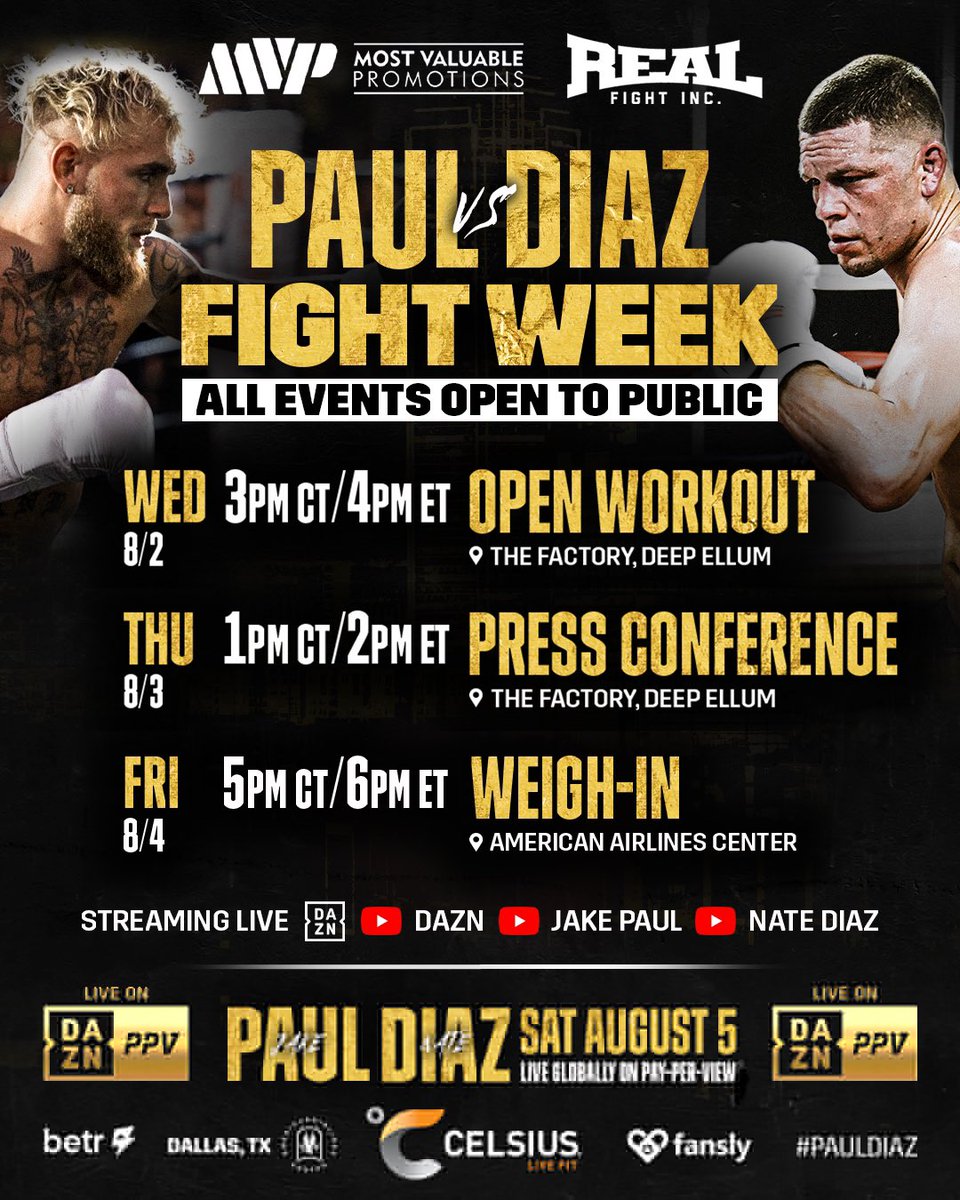 MostVpromotions's tweet photo. Paul vs Diaz fight week starts Wednesday, August 2nd. Come out and see Jake Paul, Nate Diaz, Amanda Serrano, Heather Hardy, Ashton Sylve, Shadasia Green, Chris Avila, Jeremy Stephens and a very special MVP guest at the open-workouts. All events are free and open to the public! 

#PaulDiaz
