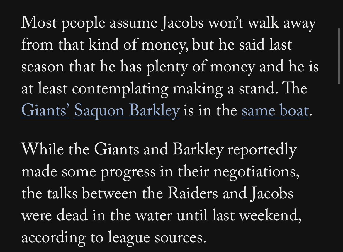 I have no clue how long Saquon Barkley and Josh Jacobs holdouts will last. 

But, per @VicTafur, the Raiders did not make an effort to negotiate with Jacobs up until the deadline. 

Giants did with Barkley. https://t.co/R5dniLlShP