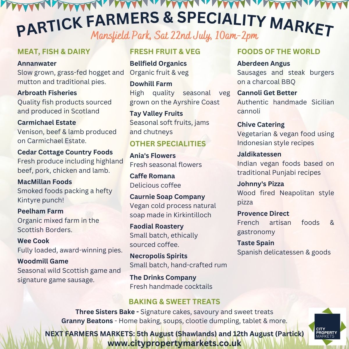 GlasgowMarkets's tweet photo. We're back in Partick this Saturday. You'll find these traders at Mansfield Park (G11 6UN) from 10-2☀️ 
#CityPropertyMarkets #GlasgowMarkets #Glasgow #FarmersMarkets #GlasgowFarmersMarkets #GlasgowWestEnd #Partick #ShopLocal #WhatsOnGlasgow 
https://t.co/Fs1NoNdLwC https://t.co/scY2kpDqs0