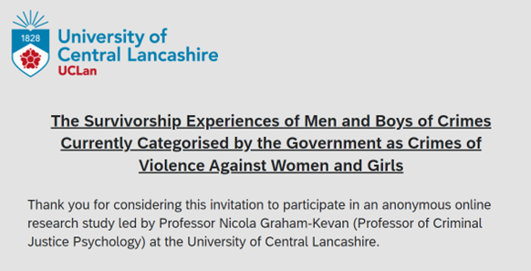 LancashireRKE's tweet image. 📢 Participants requested! 

Take part in a vital online research study led by @UCLan's Professor @NikGrahamKevan In collaboration with @ManKindInit to examine the experiences of male victims of #DomesticAbuse, #SexualViolence, and Honour-Related Abuse.

ow.ly/9nG950OSw1Q